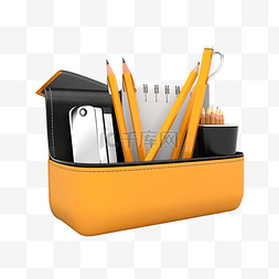 蓝色铅笔盒图片_办公室套装中的 3D 插图铅笔盒