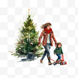 妈妈拿着一棵圣诞树，带着一个孩