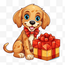 圣诞节时带礼物的狗动物角色的卡