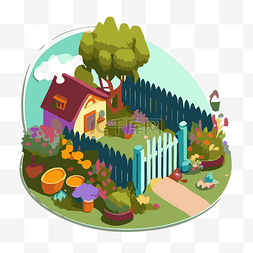 后院剪贴画花园概念等距插图一个