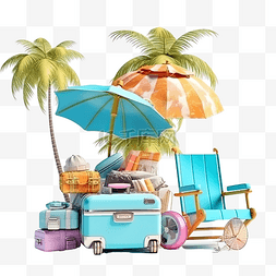 3d 夏季旅行与手提箱堆栈沙滩椅雨