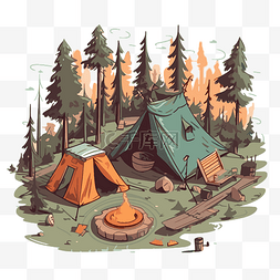 森林卡通露营帐篷的露营地剪贴画
