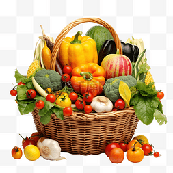 木桌上篮子里的新鲜成熟蔬菜和水