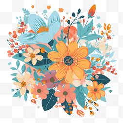 水彩风格卡通中许多不同花朵的花