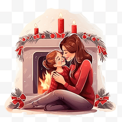 平安夜，一个女孩亲吻坐在壁炉旁