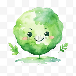 卡通水彩地球图片_生态友好的绿色地球符号与树水彩