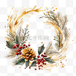 元宵节晚会字体图片_用松叶和浆果装饰的圣诞快乐金色