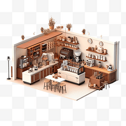 咖啡店铺背景图片_3D 渲染等距咖啡店完美的场景背景