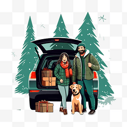 妈妈和大孩子图片_父亲把圣诞树放在SUV汽车的大后备