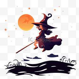女巫帽插画图片_万圣节之夜扫帚上的女巫矢量插画
