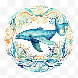 鲸鱼曼陀罗水彩画