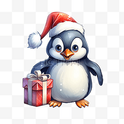 圣诞快乐插画图片_卡通可爱企鹅与礼品盒圣诞快乐插