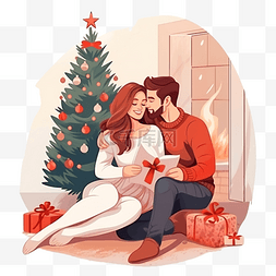 妈妈抱宝宝图片_可爱的夫妻坐在家里的圣诞树和壁