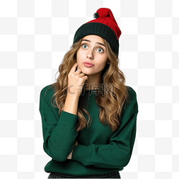 困惑图片_戴着圣诞帽的女孩心存疑虑，在没