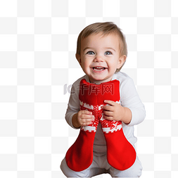 快乐的孩子拿着红袜子靠在圣诞树