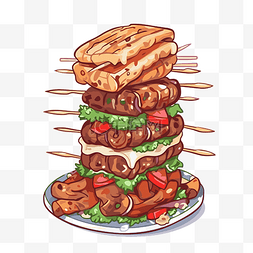 一堆生菜和蔬菜卡通汉堡的烤肉串