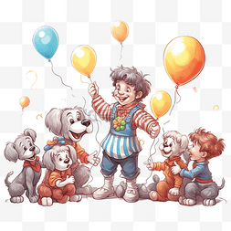 男孩和狗玩耍图片_友好微笑的马戏团小丑带着他的小