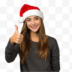 向上大拇指图片_戴着圣诞帽的女孩在没有焦点的墙