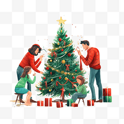 幸福的家庭装饰圣诞树人们准备节