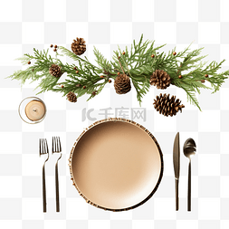 盘子图片_用冷杉树枝装饰的节日圣诞节感恩