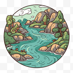 卡通圆形景观河流和森林 向量