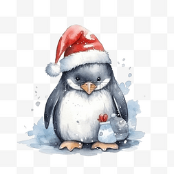 可爱的企鹅在圣诞老人服装水彩圣