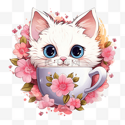 猫咪杯子里图片_咖啡杯里的花卉多彩可爱心猫