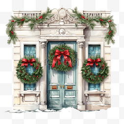圣诞节前门图片_房屋正面配有复古前门，装饰着圣