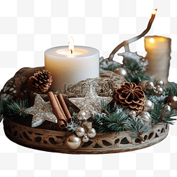 星形托盘中的圣诞花环和蜡烛