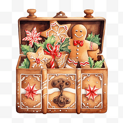 房子手绘木房子图片_带有姜饼的木盒的水彩圣诞节插图
