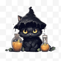 戴着巫术帽的可爱万圣节黑猫从墓