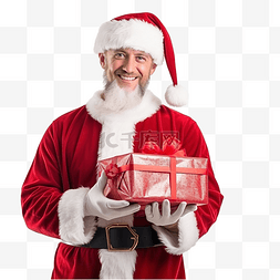 一个年轻的圣诞老人拿着礼物站在