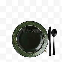 餐具刀和叉图片_黑色盘子和复古餐具，配有绿色和