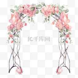 水彩叶子装饰图片_婚礼拱门与玫瑰藤水彩插图
