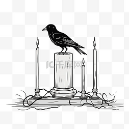 古纹古图片_带乌鸦的墓碑和带蜡烛的复古烛台