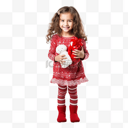 一个穿着圣诞服装的小女孩拿着一
