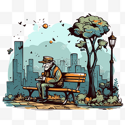 孤独剪贴画老人坐在公园长椅上卡