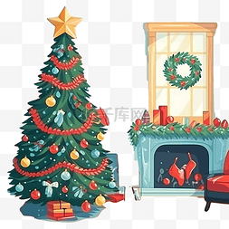 彩色卡通平面风格的圣诞室内装饰