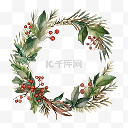 圣诞水彩花环框架，绿叶浆果，棕