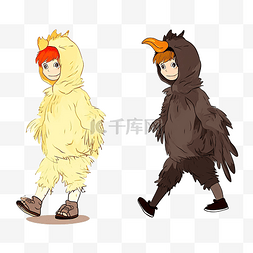 男孩可爱卡通形象图片_男孩穿着鸡服装及其轮廓和剪影