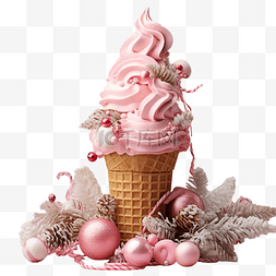 粉红色的冰淇淋图片_蛋卷冰淇淋，上面有圣诞树的树枝