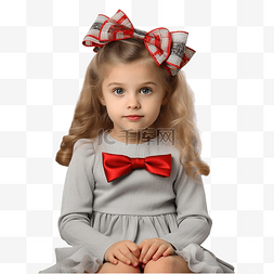 头戴蝴蝶结的漂亮小女孩坐在圣诞