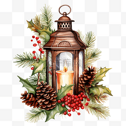 蜡烛灯图片_圣诞灯笼与蜡烛灯装饰着冷杉树枝