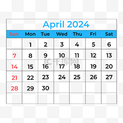 2024年4月日历蓝色线条简约 向量
