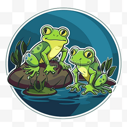 两只绿色的青蛙站在水边的岩石上