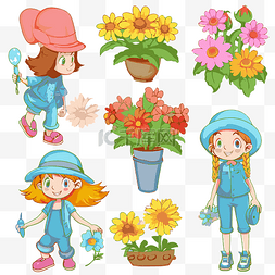 卡通室内植物图片_关闭剪贴画女孩在花盆和篮子里种