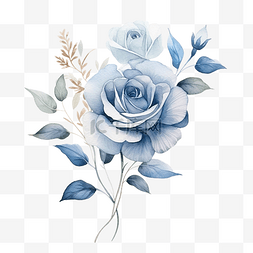 水彩尘土飞扬的蓝色玫瑰花或婚礼