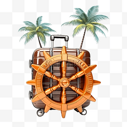3d 夏季旅行与船舵手提箱棕榈树