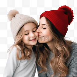 圣诞图片_白种小女孩亲吻她的母亲幸福的家