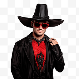 时髦的男人图片_身穿万圣节黑红色服装戴着帽子和